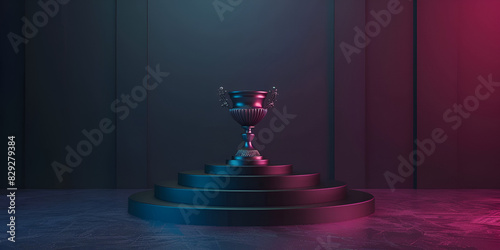 Champion cup award tournament video game of sci-fi gaming red blue vs sports background, virtual reality simulation and metaverse scene stand pedestal stage.