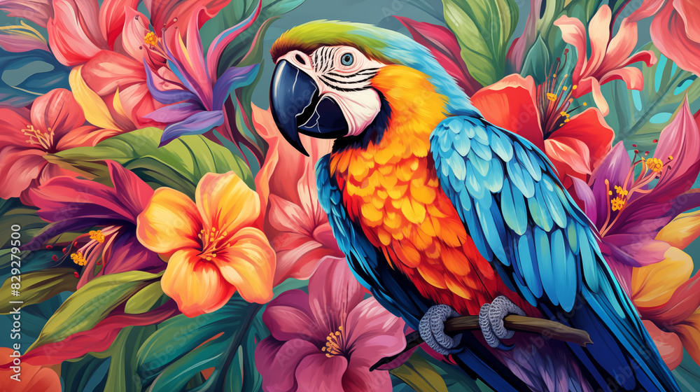 Fototapeta premium Guacamaya macaw on tropical flowers background. Colorful bird image