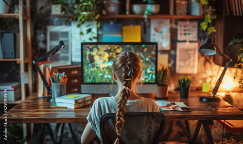 Wallpaper Mural Young student engrossed in digital learning through interactive map software in a cozy home environment Torontodigital.ca