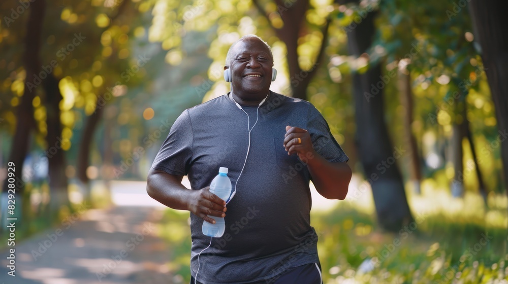 Smiling elderly black man jogging in green park outside in the morning, promoting an active lifestyle and engagement in sports for senior people, AI generated image Smiling elderly black man jogging in green park outside in the morning, promoting an active lifestyle and engagement in sports for senior people, AI generated image