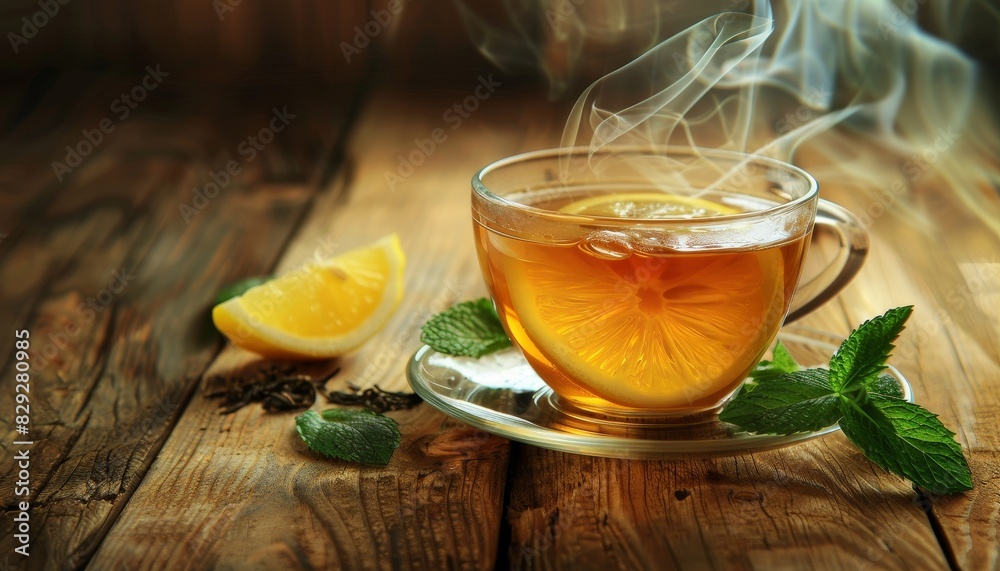 Steaming glass cup of hot tea with lemon and herbs on wooden background Steaming glass cup of hot tea with lemon and herbs on wooden background
