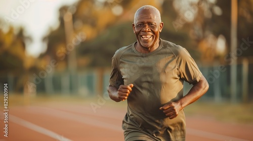 Smiling elderly black man jogging in green park outside in the morning, promoting an active lifestyle and engagement in sports for senior people, AI generated image photo