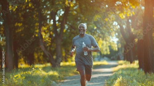 Smiling elderly black man jogging in green park outside in the morning, promoting an active lifestyle and engagement in sports for senior people, AI generated image