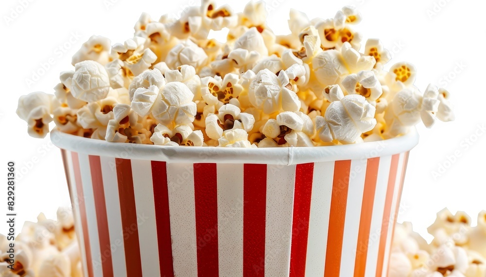 Striped bucket with isolated popcorn on white background Striped bucket with isolated popcorn on white background