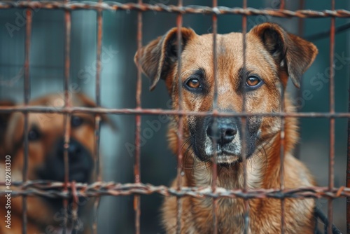 Stray dogs sit in shelter cages