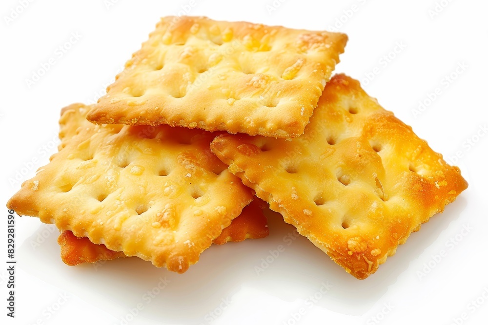 Three gold cheese crackers with cheese on white Three gold cheese crackers with cheese on white