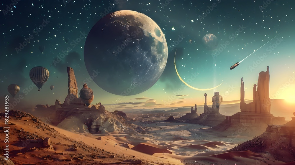 Ethereal Desert Landscape with Crescent Moon Drifting Balloons and Futuristic Spaceships in Starry Night Sky Ethereal Desert Landscape with Crescent Moon Drifting Balloons and Futuristic Spaceships in Starry Night Sky