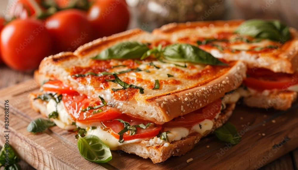 Tomato and Mozzarella Panini with Basil made at home Tomato and Mozzarella Panini with Basil made at home