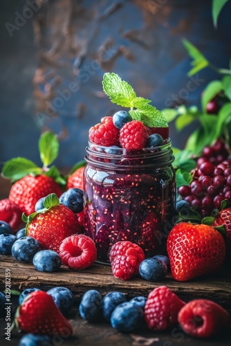 Homemade berry jam in a jar amidst fresh fruits 