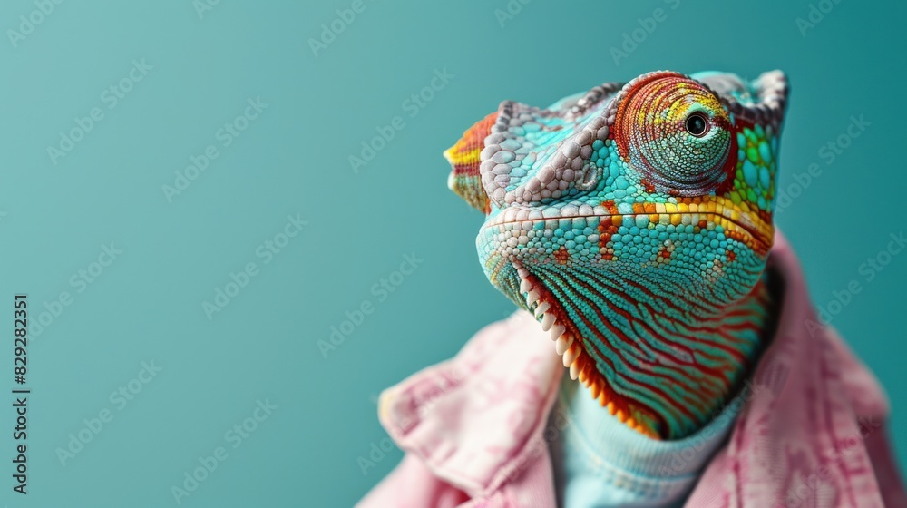Obraz premium Funny eccentric chameleon dressed as a human, anthropomorphic funny lizard wearing pink jacket and hipster sunglasses, solid background with copy space, AI generated image