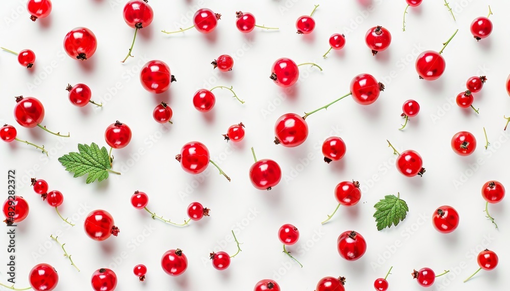 Top down view of a red currant berry set on a white background
