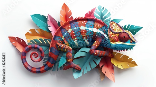 Bold rainbow colors chameleon,surrounded with tropical exotic leaves and flowers, lizard in jungle plants in illustrative style, AI generated image