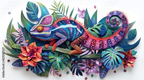 Bold rainbow colors chameleon,surrounded with tropical exotic leaves and flowers, lizard in jungle plants in illustrative style, AI generated image