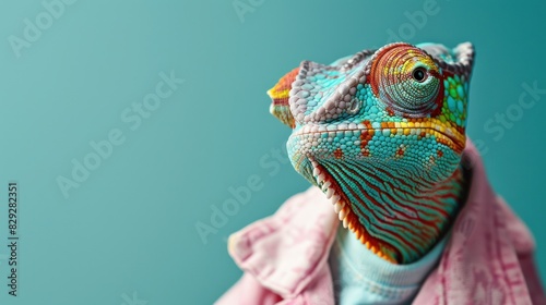 Funny eccentric chameleon dressed as a human, anthropomorphic funny lizard wearing pink jacket and hipster sunglasses, solid background with copy space, AI generated image © Maria Zamchiy 