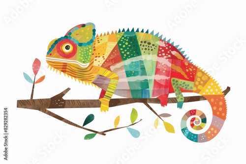 Illustration of colorful chameleon on green plant, isolated lizard clip art, AI generated image
