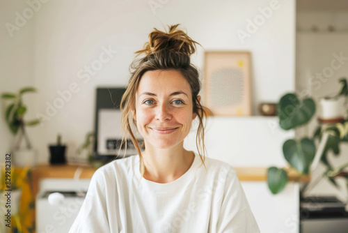 Smiling woman looks at the camera and working remotely at a computer. Happy female occupation.