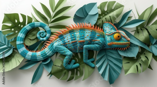 Bold rainbow colors chameleon,surrounded with tropical exotic leaves and flowers, lizard in jungle plants in illustrative style, AI generated image