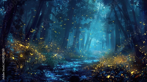 Radiant glow from fireflies in enchanted forest photo
