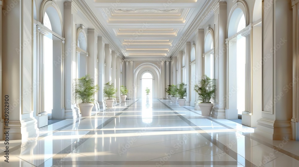 Luxury office corridor with soft daytime light, detailed and pristine, no one there