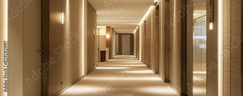 Luxury office corridor with soft evening light  detailed and pristine  no one there