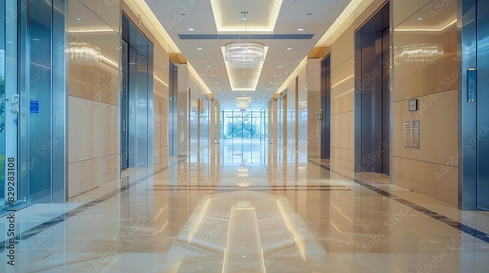 Naklejka premium Luxury office corridor with soft daytime light, detailed and pristine, no one there