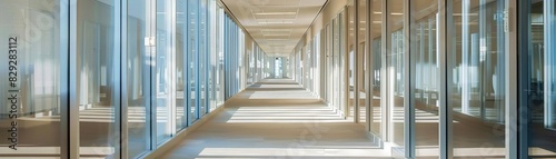 Luxury office corridor with soft morning light  detailed and pristine  no one there