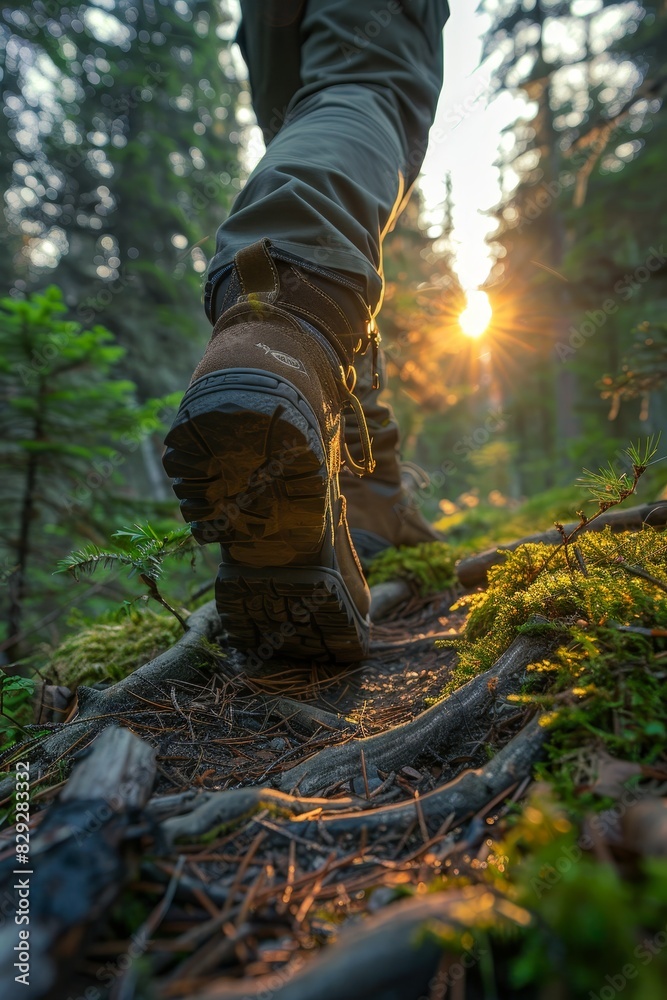 Hiker's sturdy boots taking the first steps of an adventurous journey Hiker's sturdy boots taking the first steps of an adventurous journey