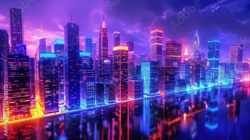 Neon city skyline reflecting in water at night