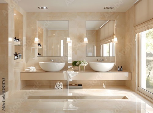 Modern beige bathroom interior with double sink and mirrors
