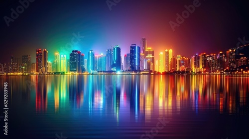 Neon city skyline reflecting in water at night © Fathur
