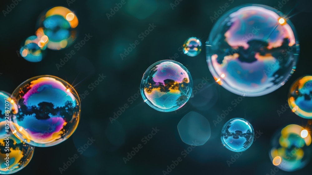 Macro spectrum of soap bubbles against dark backdrop