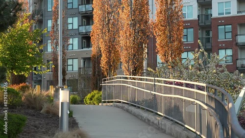 Urban Park Pathway with Autumn Trees and Modern Apartments
