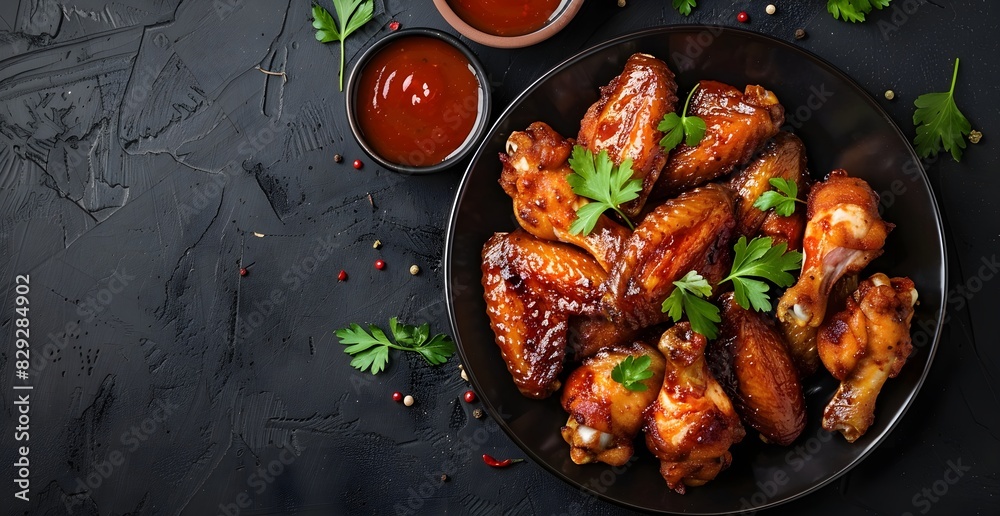 Grilled chicken wings on a black plate, on black slate table, with coriander garnish, and ketchup chili sauce, food menu concept, Food photography HD, wallpaper banner background, Closeup Grilled chicken wings on a black plate, on black slate table, with coriander garnish, and ketchup chili sauce, food menu concept, Food photography HD, wallpaper banner background, Closeup