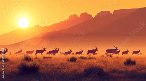 African landscape at sunset with silhouettes of mountains, Antelopes Oryx in savanna. Herd of an Oryxes in grassland in Sesriem valley, Namibia. Wildlife and safari in South Africa, panoramic view © สมชัย ้พาลแก้ว