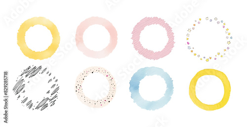 水彩のあしらい　カラフルな円フレームの素材セット