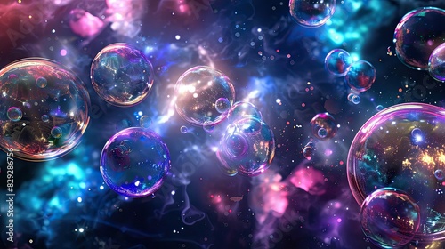 Holographic bubbles floating in ethereal space, reflecting rainbow hues