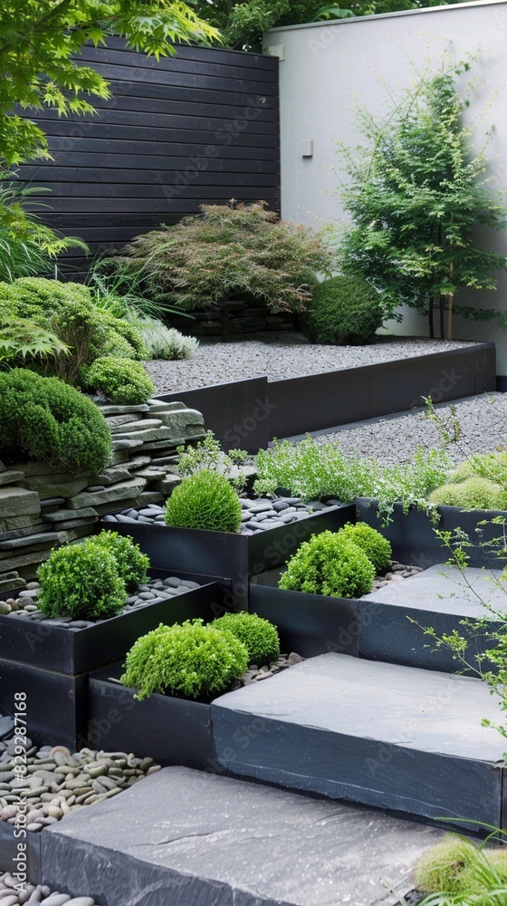 A minimalist garden with geometric planting beds, featuring low-maintenance plants and succulents A minimalist garden with geometric planting beds, featuring low-maintenance plants and succulents