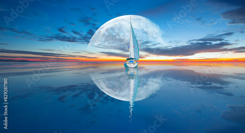 Fototapeta Naklejka Na Ścianę i Meble -  Lone yacht sailing white on the calm sea with Super Full Moon 
