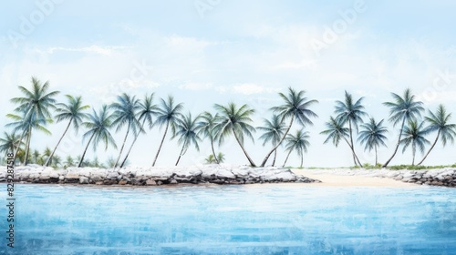 A line of palm trees framing white sand  against the background of a sparkling ocean illustrations 