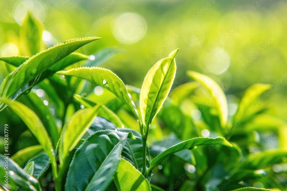 Detailed view of a healthy green tea plant with vibrant leaves and buds Detailed view of a healthy green tea plant with vibrant leaves and buds
