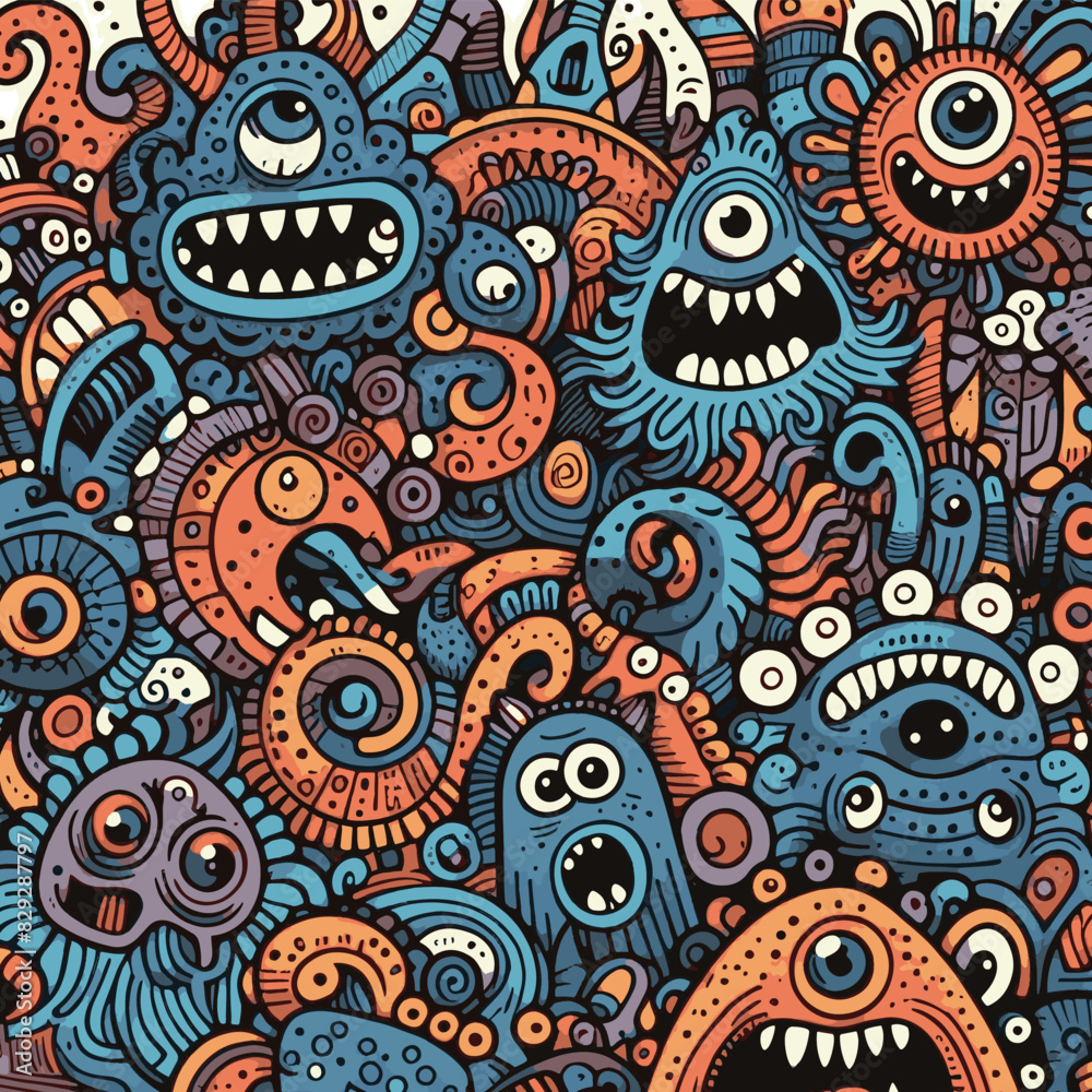 Fototapeta premium Monster doodle seamless pattern