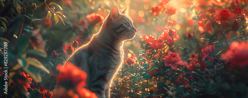 A cute cat is sitting in a field of flowers. The cat is looking