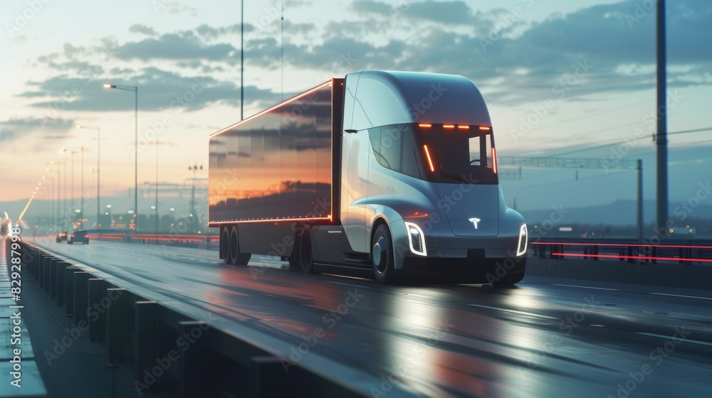 A concept of a self-driving delivery truck on a highway, logistics, dynamic and dramatic compositions. Background for business
