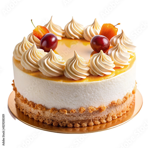 A cake with white frosting and strawberries on transparent background