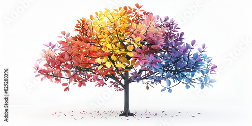 Colorful tree with leaves falling from it. Watercolor painting tree of life with changing seasons leaves. A colorful tree with leaves in different colors