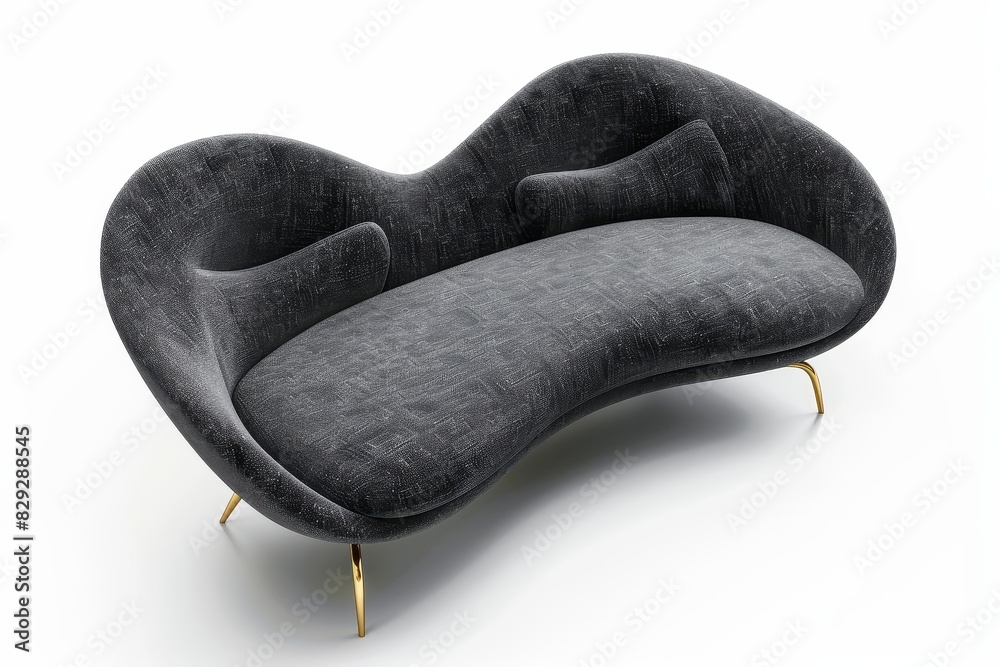 Top view of a dark gray sofa with gold legs on white background Top view of a dark gray sofa with gold legs on white background