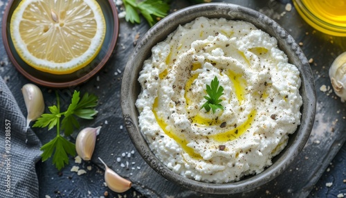 Top view of a gray bowl filled with whipped feta cheese dip garnished with garlic lemon and representing Greek cuisine