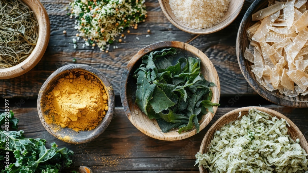 Kelp noodles, flakes, and powder displayed as essential cooking ingredients on a rustic kitchen table Kelp noodles, flakes, and powder displayed as essential cooking ingredients on a rustic kitchen table
