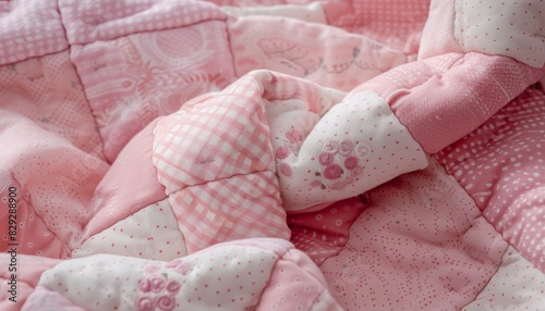 Top view of baby girl s cozy cot with a pink patchwork blanket creating a warm and comfortable sleeping space in a children s nursery