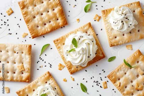 Top view of cereal crackers with cream cheese and chives on white surface photo